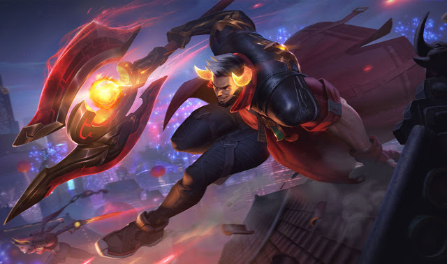 The splash art for Lunar Beast Darius, depicting the champion in a crimson coat with a red axe that has a glowing orange energy core at its center.