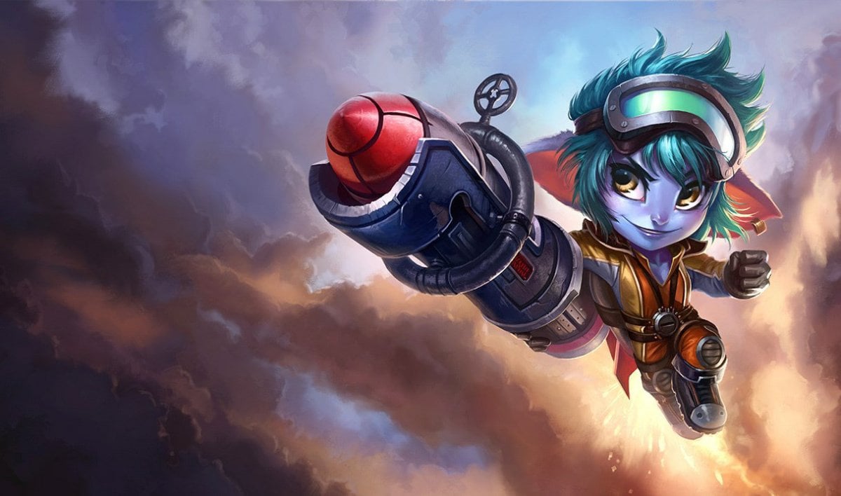 Rocket Girl Tristana splash art YouTube League of Legends. She's seen holding the red cannon attached to her arm while wearing a pair of goggles