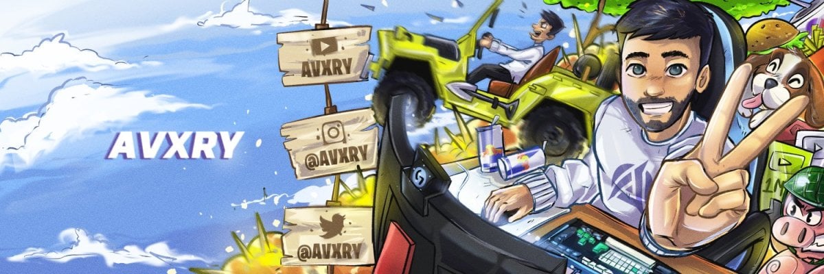 A cartoon version of Avxry giving a peace sign while sitting at a desk