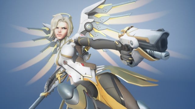 Mercy, in her traditional white default skin, aims her pistol with her wings spread wide.