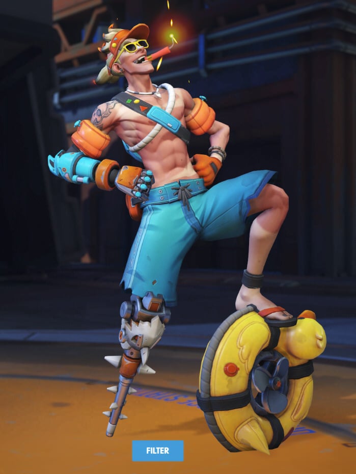 Junkrat poses on his tire with a firework in his mouth.