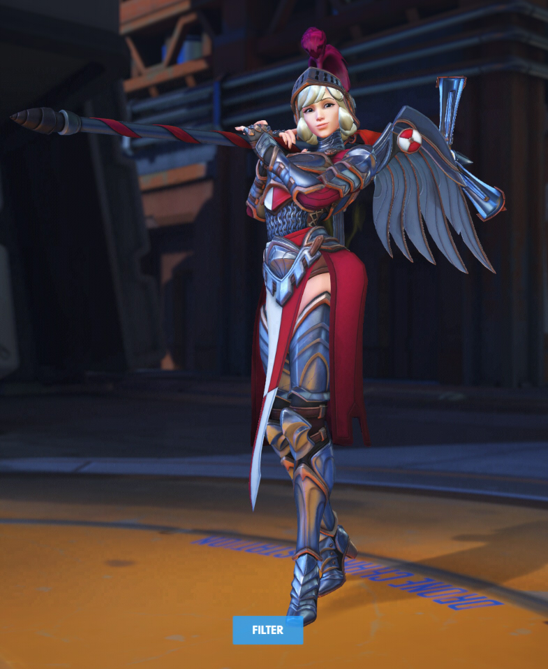 Mercy holds her staff like an umbrella.