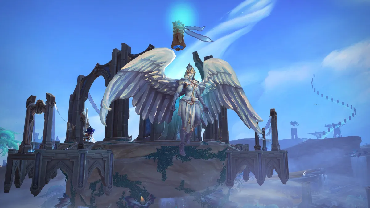 Bastion, home of the Kyrian in the Shadowlands in World of Warcraft, featuring a large angelic figure hovering over a blue and gold battleground.