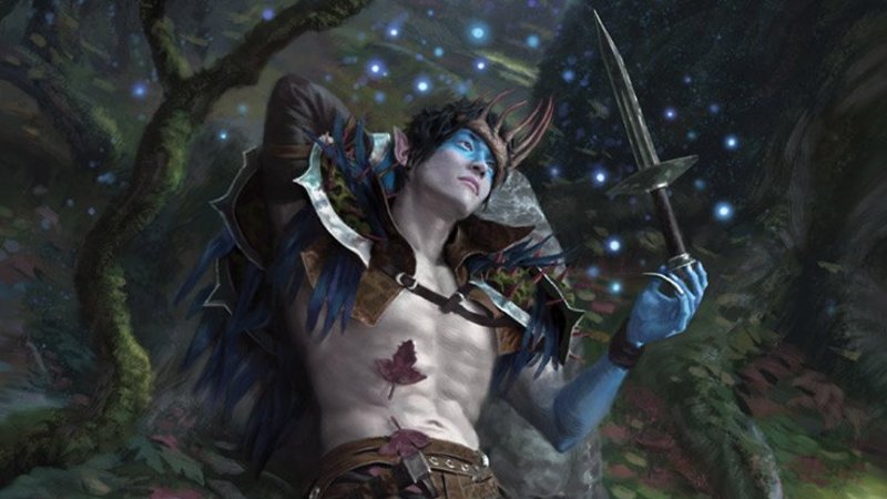An image of an elf man holding a sword in his scary blue hand
