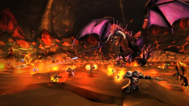 Players battling Onyxia in her lair, WoW Classic.