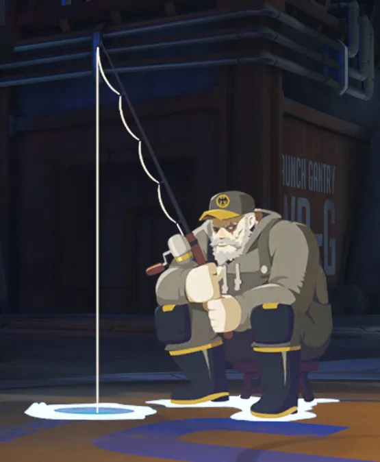 An annoyed Reinhardt hunches over an ice fishing hole.