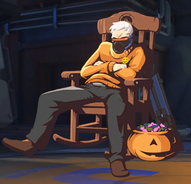 A cranky 76 sits in a chair while handing out candy.