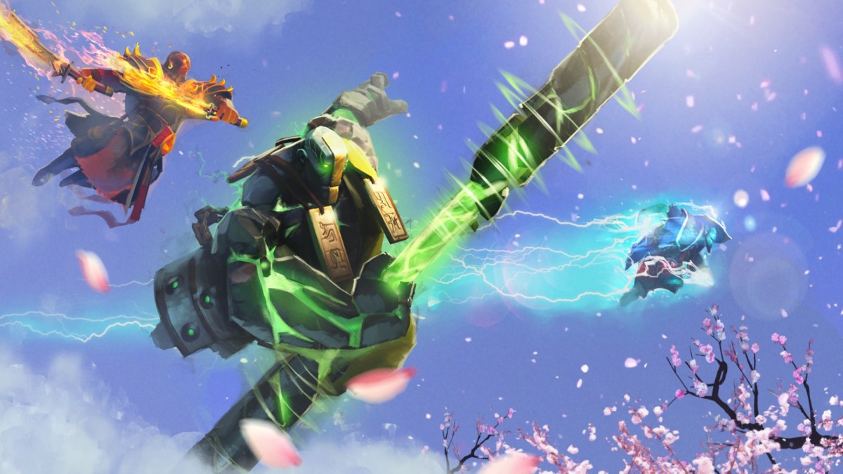 Earth Spirit, a green golem-like hero, swings his staff while his brothers Ember and Storm Spirit attack in the distance in Dota 2.