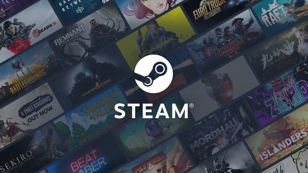 Steam logo on a wallpaper of various games