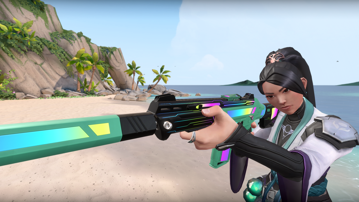 Sage aims down the sights of a weapon by a beach in VALORANT