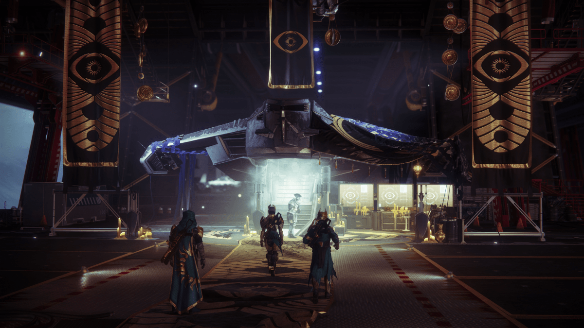 Three Guardians approach Saint-14 at his ship in the Tower. Three banners descend from the ceiling with Trials of Osiris iconography embroidered on them.