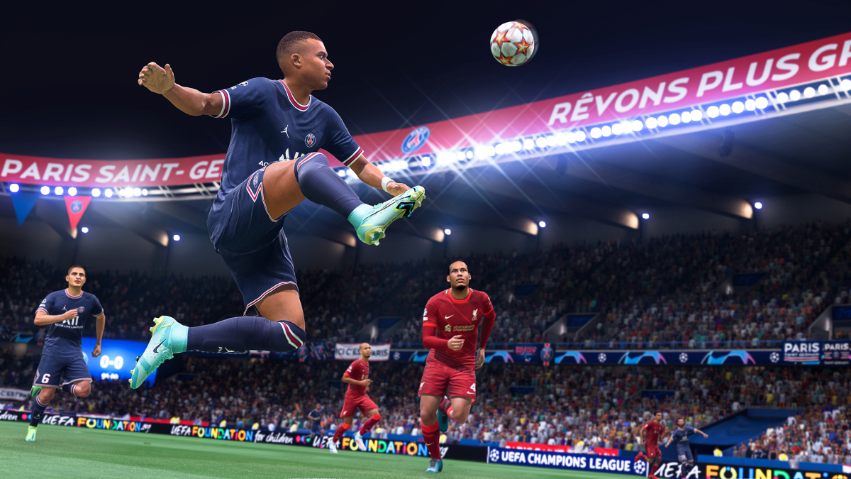 Kylian Mbappe jumping to control a ball in the PSG's Parc de Princes