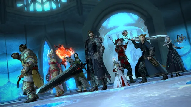 Eight FFXIV characters in a blue room.