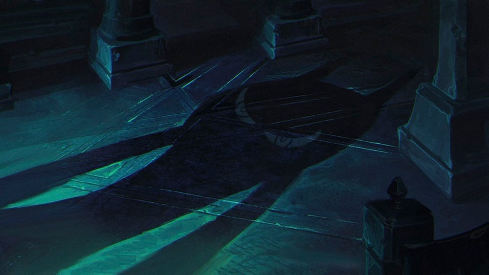 The initial teaser for Vex, the Gloomist, depicting her shadow stretching into the darkness.