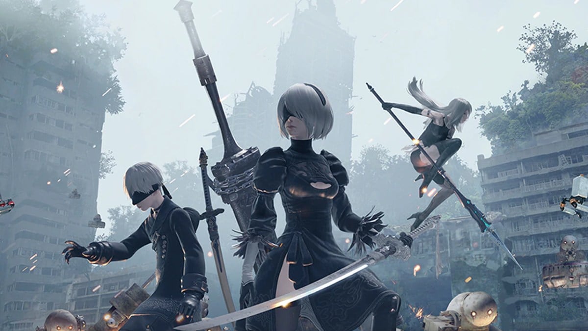 Nier Automata characters wearing black, standing with swords in their hands.