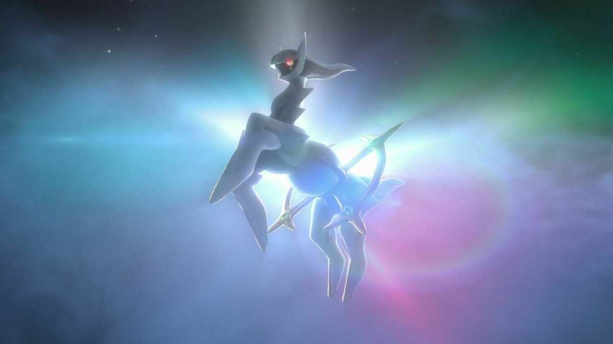 Arceus rearing up in front of bright lights.