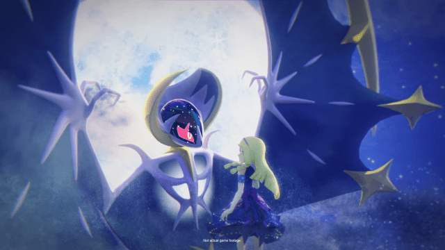 An image from Pokémon Masters EX showing Lillie in a dark blue anniversary outfit alongside her partner, Lunala.