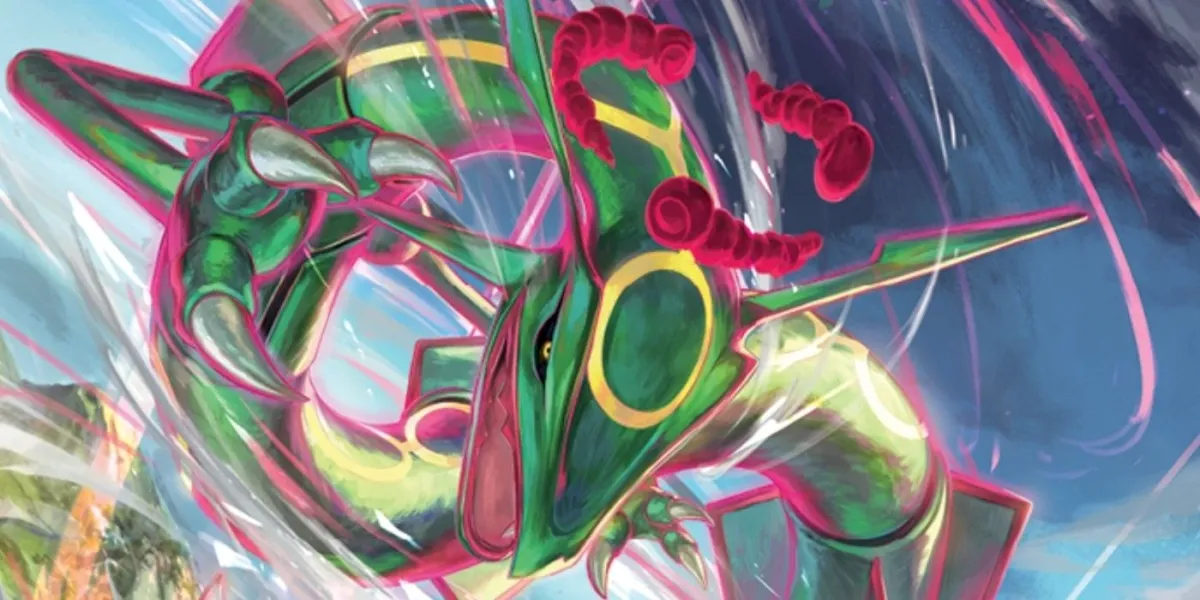 A green and gold Rayquaza preparing for battle in Pokemon.