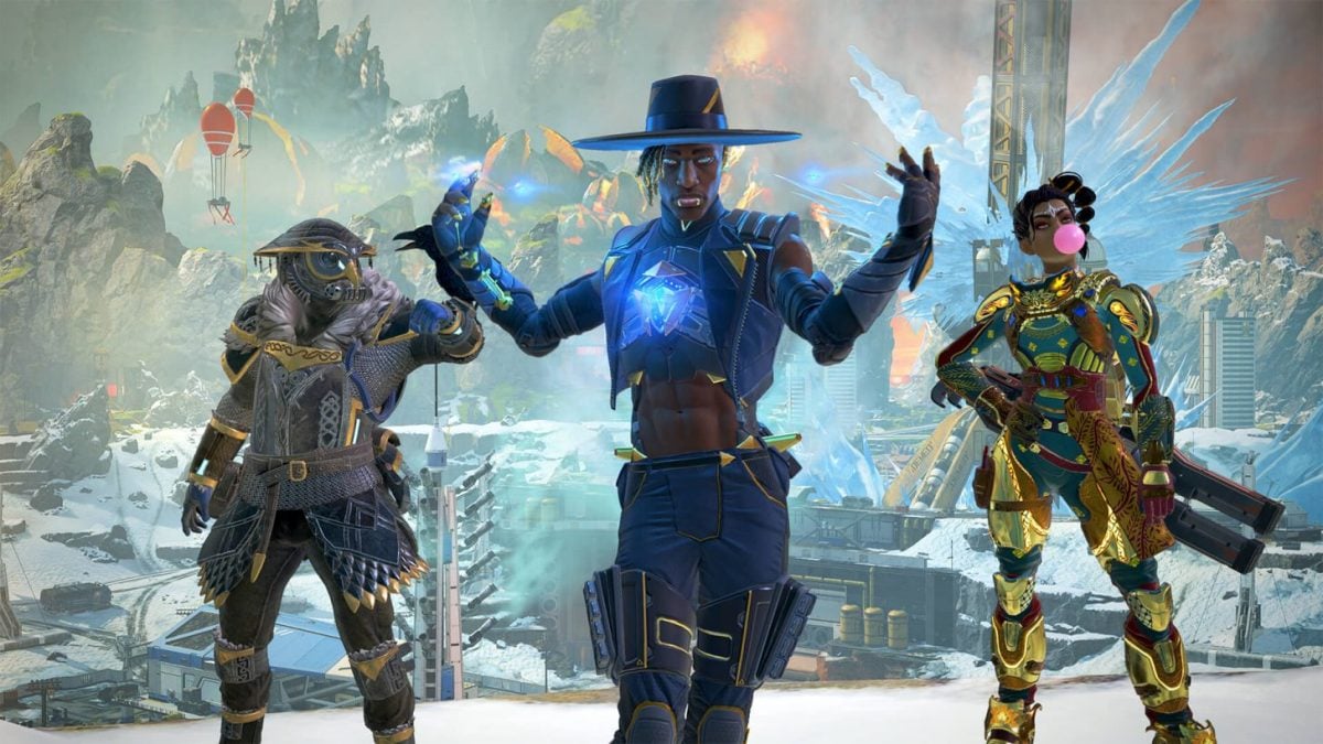 Three of the unlockable characters in Apex Legends stand menacingly.