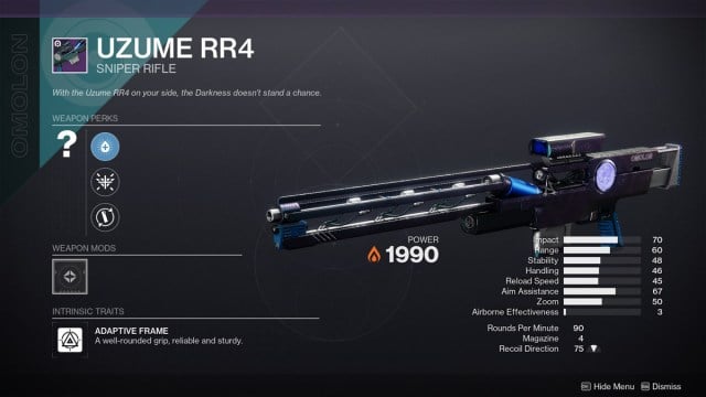 Uzume RR4, a sniper rifle from Destiny 2, with