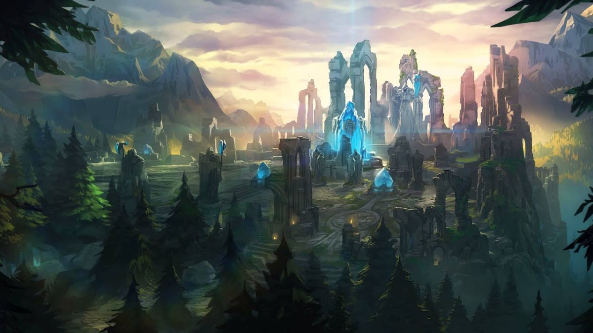 Key art for Summoners Rift in League of Legends. This image was prominently displayed in the League client many years ago when you'd select your map as Summoner's Rift prior to a game.