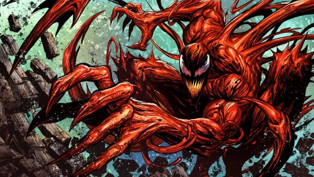 Carnage is shown destroying a wall in a Marvel comic.