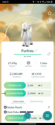 A clear display of Furfrou's Pokemon Go overview and how to select the Form Change option.