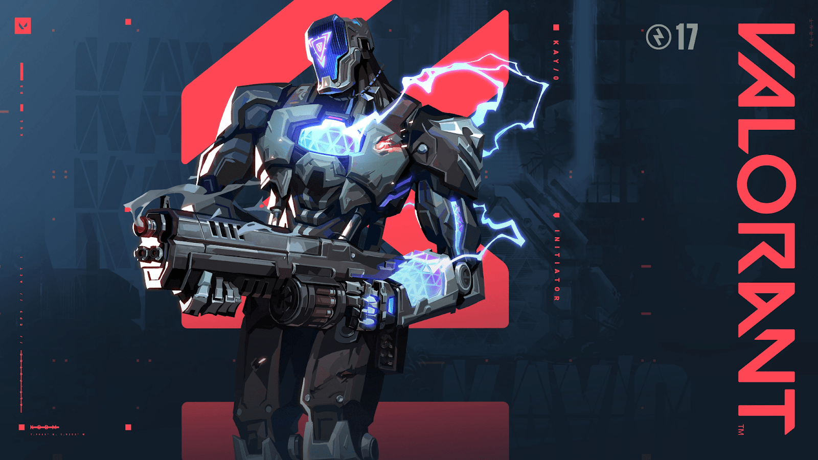 KAY/O agent VALORANT. KAY/O is a buff-looking robot, and he stands in front of a blue and red background with the game's title on one side of the screen
