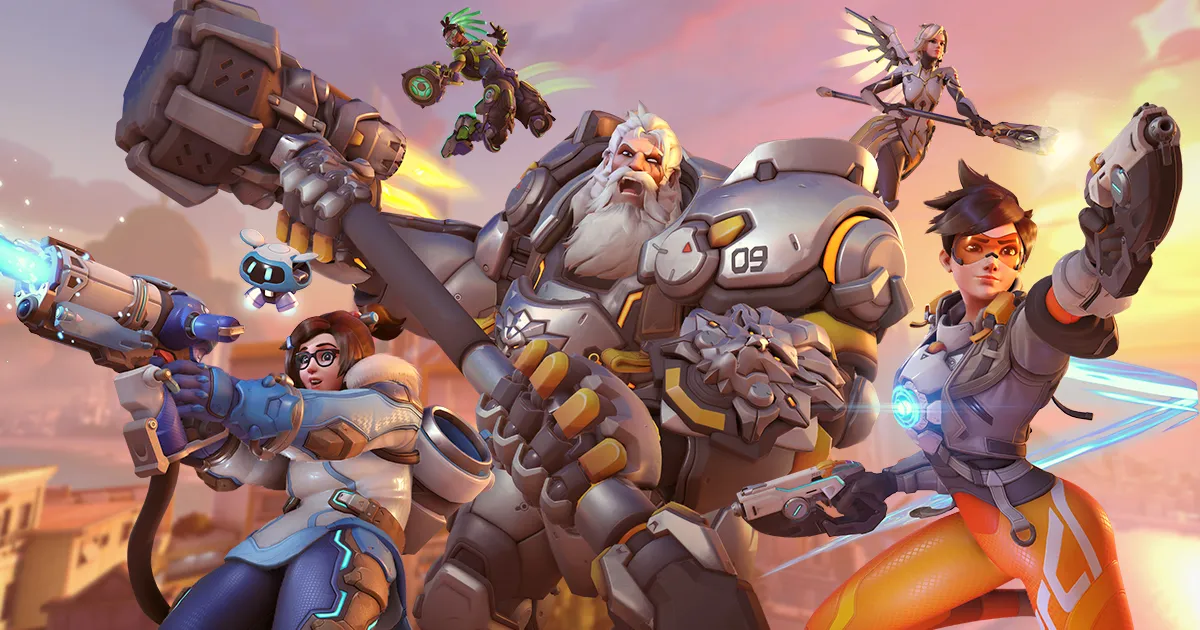 Splash art for Overwatch 2 showing Mei, Tracer, Reinhardt, Lucio, and Mercy jumping into action.