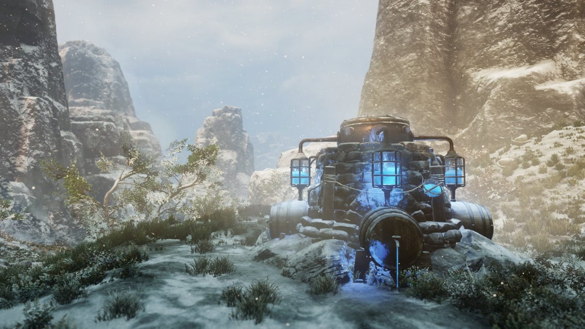 Azoth in New World on a snowy mountaintop. Blue orbs seen in the foreground