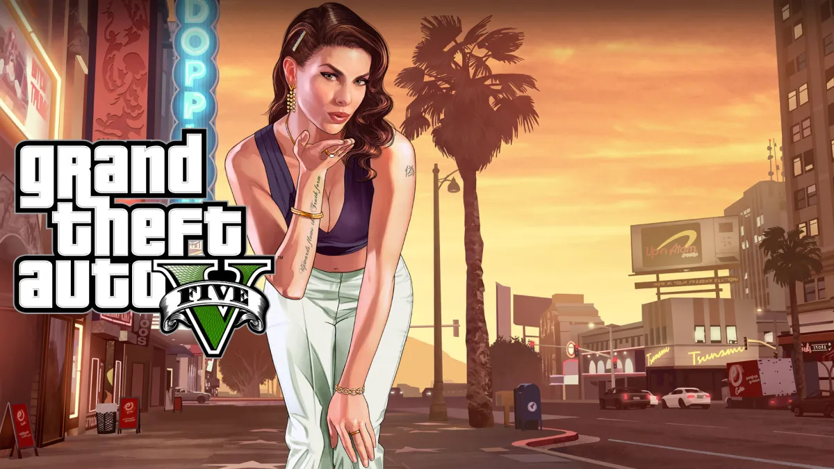 Official promotion art of GTA 5. Woman blowing a kiss wearing white pants and a purple top. She has brown hair wavy hair.