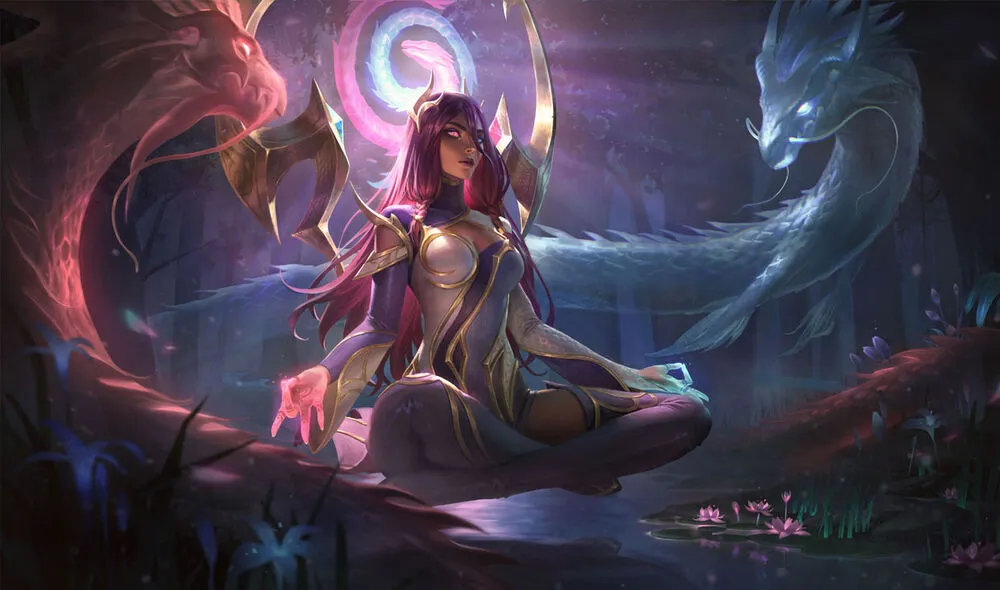 Dragon Karma skin in League of Legends with two dueling dragon spirits surrounding her while she meditates