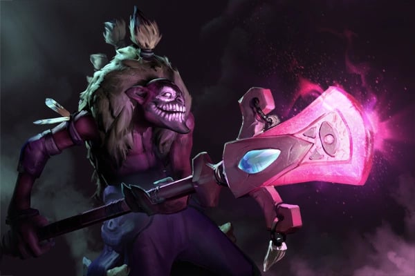 Dazzle, from Dota 2, a Shaman holding a glowing pink staff preparing to heal.