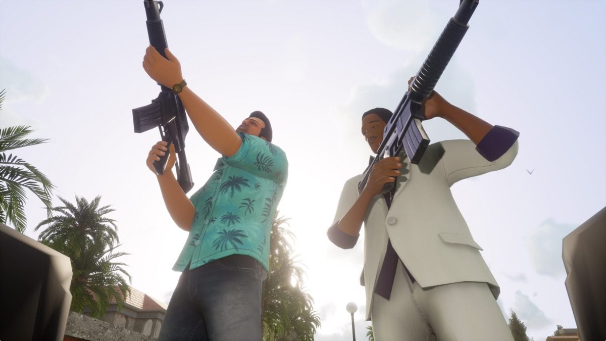 Image of two characters holding up weapons in GTA 5.