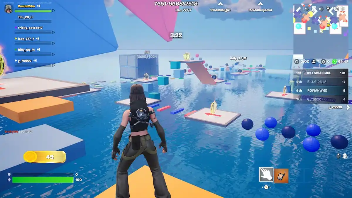 fortnite character in black looking out over colorful obstacle course