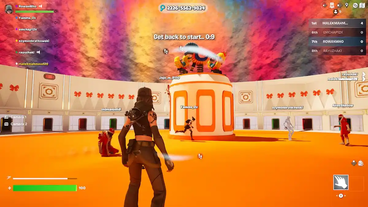 Player in black standing on a white carousel with other players surrounded by colorful doors