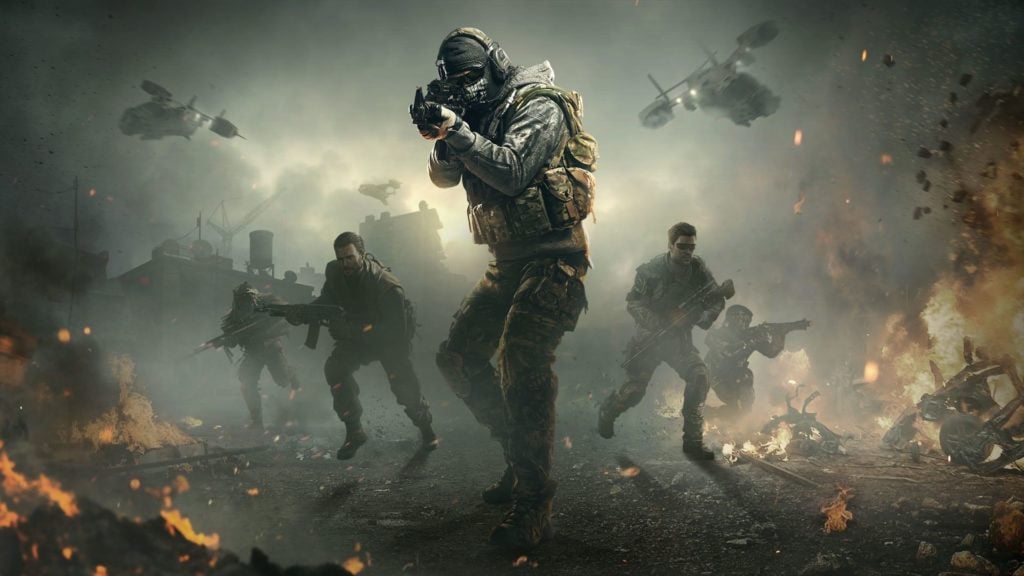 Call of Duty: Mobile promo image with helicopters flying in the background and a squad of five members charging into battle
