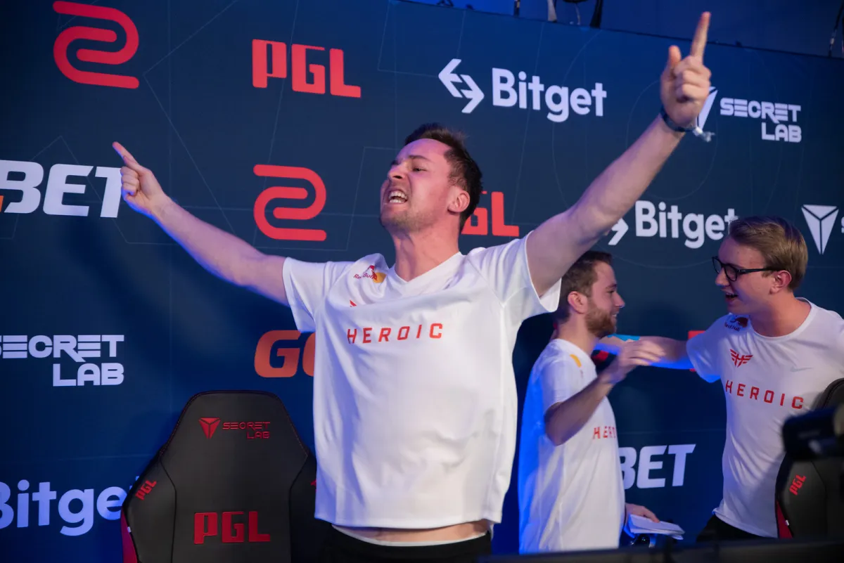Cadian celebrating with Heroic CS:GO team at a PGL event.
