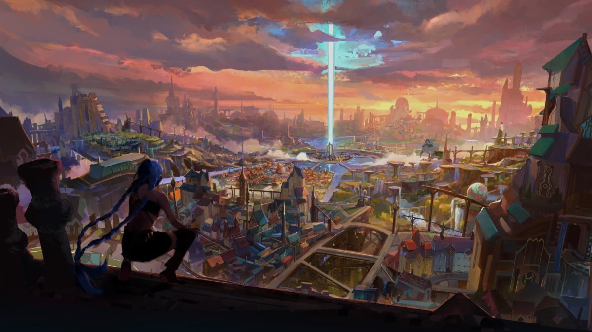 Riot x Arcane full art, Jinx can be seen looking over Piltover in a promo image for Arcane, 2021