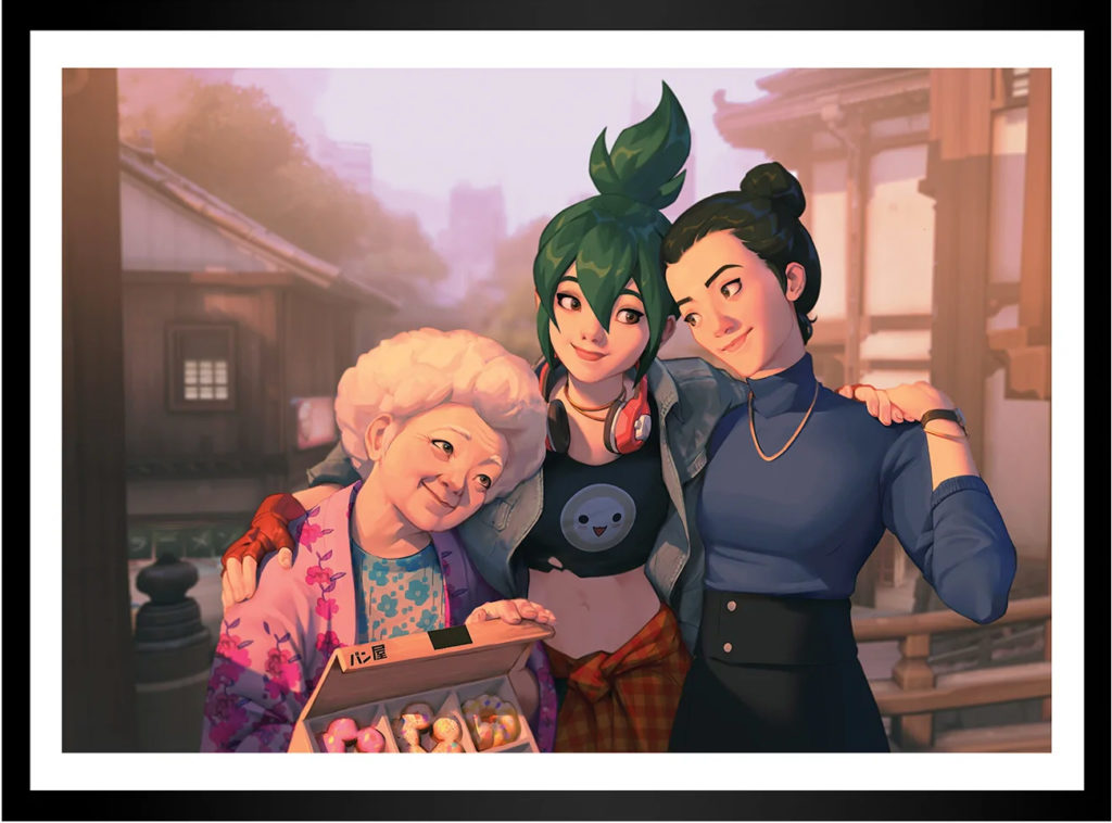 A framed image of Kiriko, her mother, and her grandmother.