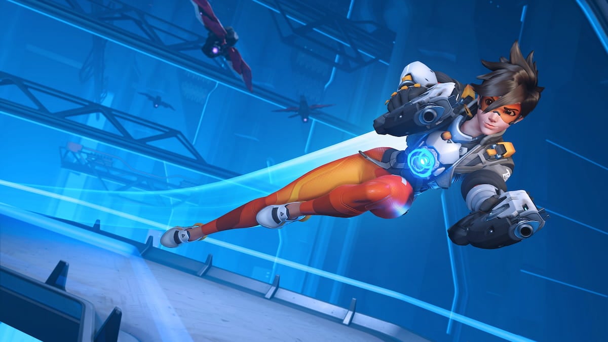An image of Overwatch's Tracer jumping in the air. She's holding her famous pistols.
