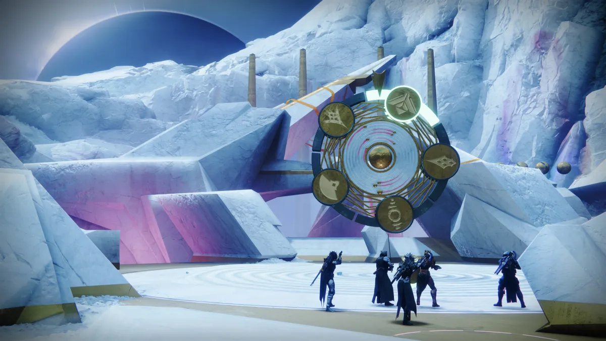 Five Guardians face a giant spinning wheel within the IX realm in Destiny 2.