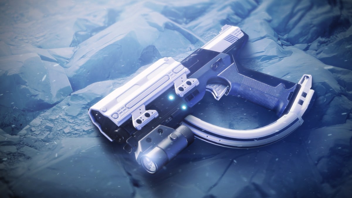 Forerunner, a Destiny 2 sidearm, sits on the ground.