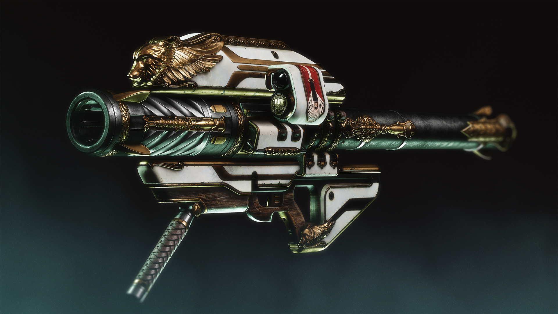 The Gjallarhorn rocket launcher shown on a black background as part of a promotional image.