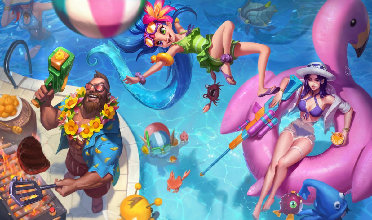 The splash art for some of League's Pool Party skins, including Gangplank, Zoe, and Caitlyn.