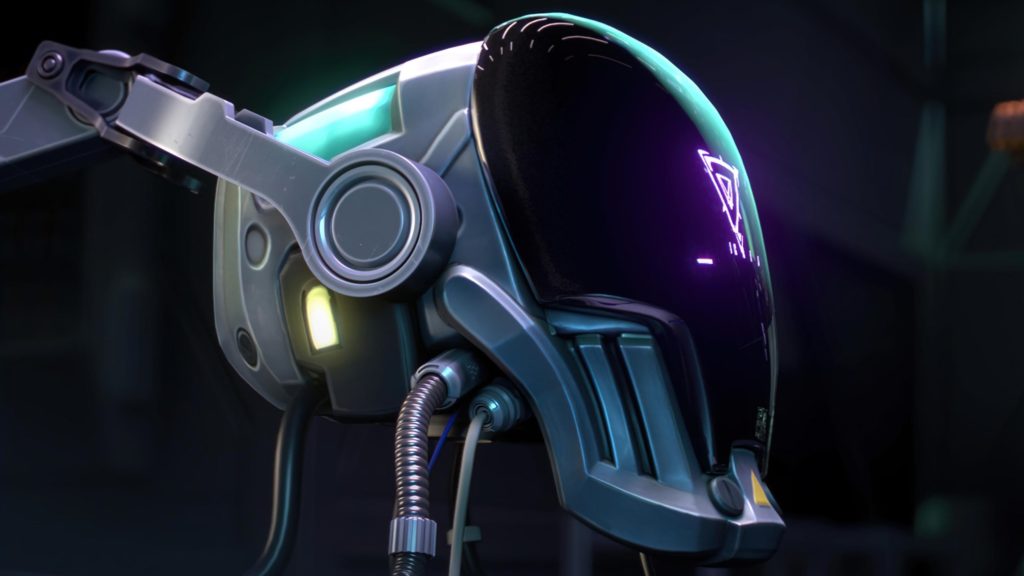 A robotic helmet with a purple screen lights up, representing KAY/O in VALORANT.