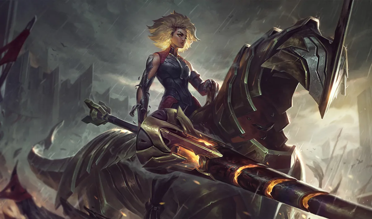 The official splash art of Rell from League of Legends, depicting the young, blonde puffy-haired rebel riding a horse made of iron, with her also wielding a lance made of the same material.