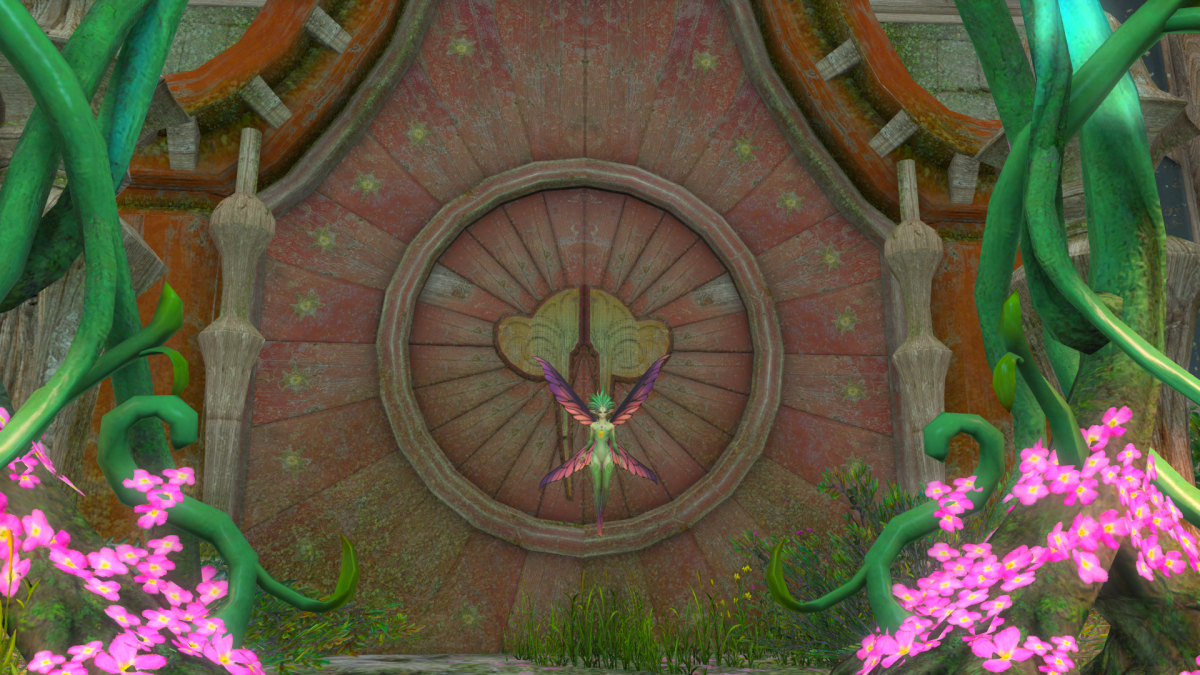 A fairy standing in fron of a door in Final Fantasy 14