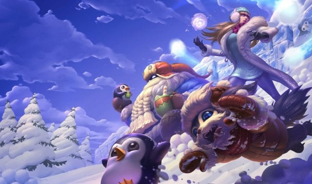The splash art for Snow Day Bard, Gnar, and Syndra.