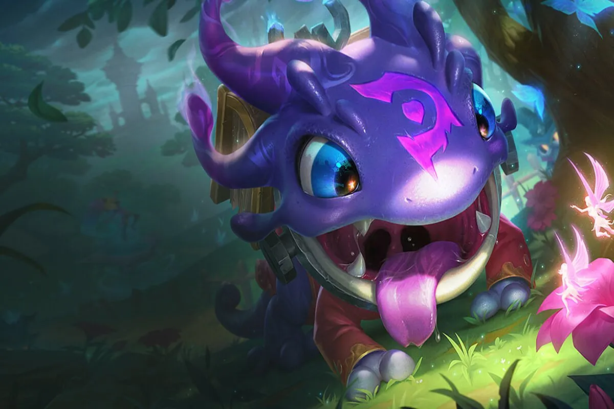 Kog'Maw, from League of Legends, standing next to a tree in pink and purple paint.
